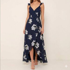 NWT - Lulus All Mine Navy Floral High Low Wrap Dress Ruffled Straps Size Small